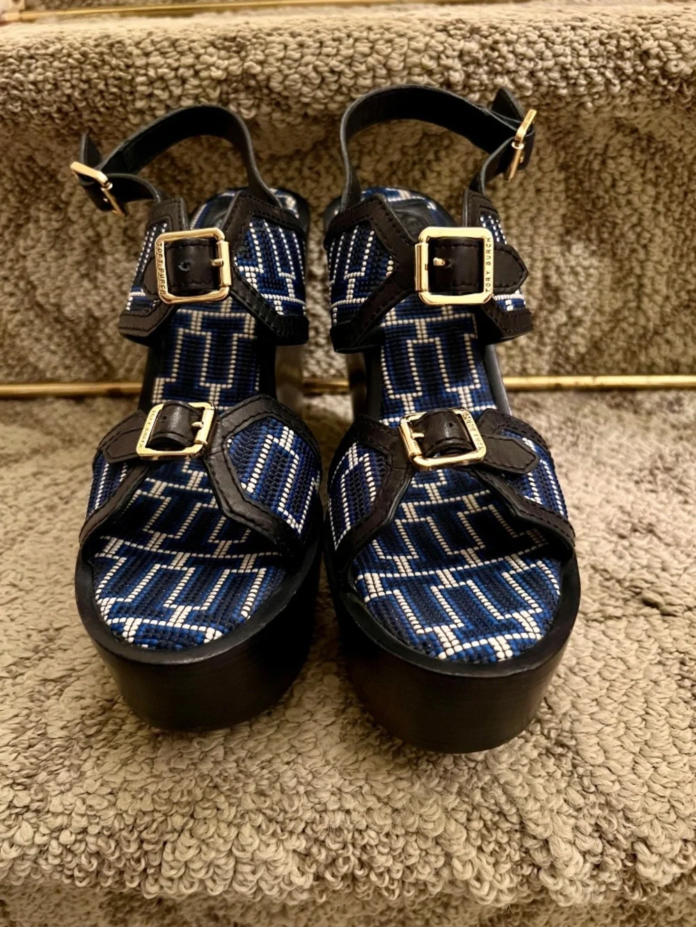 EUC Tory Burch Florin Needlepoint Platform Wedge Sandals Navy Blue Size 9.5 M